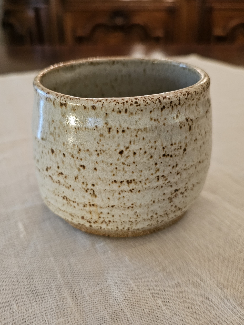 Vintage '93 Signed Rustic Studio Art Pottery Yunomi Tea Bowl Speckled Stoneware